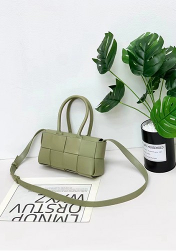 Mia Woven Leather 8 Squares Mini Tote Stone Green