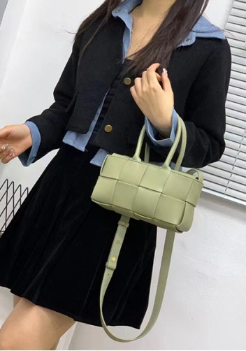 Mia Woven Leather 8 Squares Mini Tote Stone Green