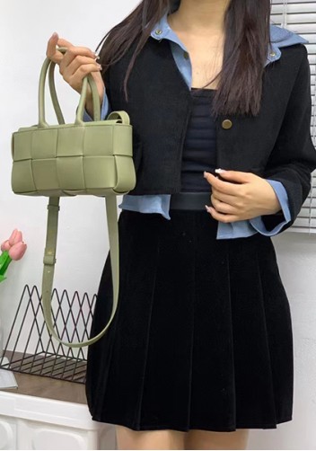 Mia Woven Leather 8 Squares Mini Tote Stone Green