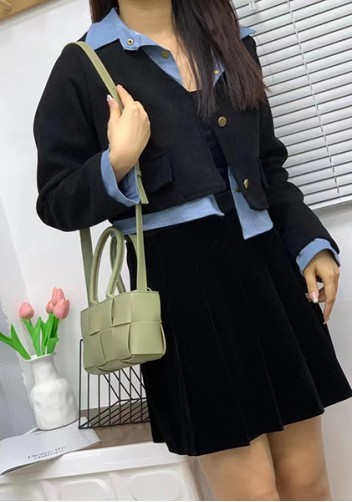 Mia Woven Leather 8 Squares Mini Tote Stone Green