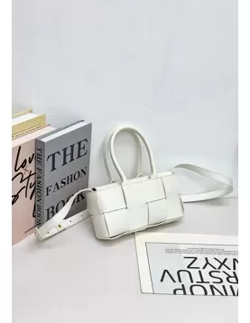 Mia Woven Leather 8 Squares Mini Tote White