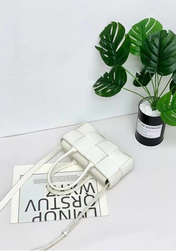 Mia Woven Leather 8 Squares Mini Tote White