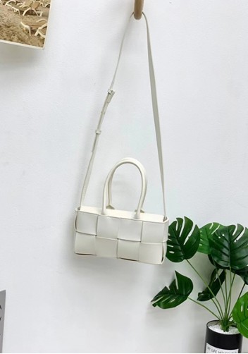 Mia Woven Leather 8 Squares Mini Tote White