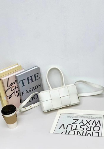 Mia Woven Leather 8 Squares Mini Tote White