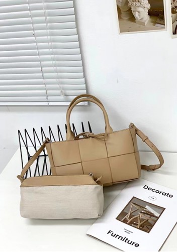 Mia Woven Leather 6 Squares Mini Tote Beige