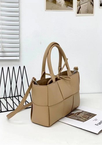 Mia Woven Leather 6 Squares Mini Tote Beige