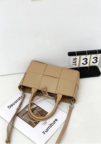 Mia Woven Leather 6 Squares Mini Tote Beige