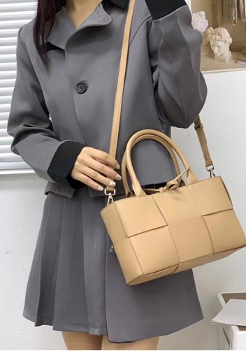 Mia Woven Leather 6 Squares Mini Tote Beige