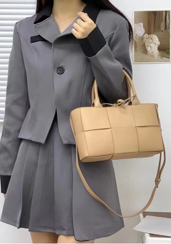 Mia Woven Leather 6 Squares Mini Tote Beige
