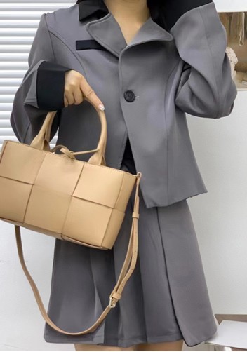 Mia Woven Leather 6 Squares Mini Tote Beige