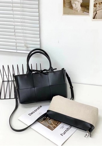 Mia Woven Leather 6 Squares Mini Tote Black
