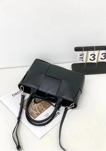 Mia Woven Leather 6 Squares Mini Tote Black