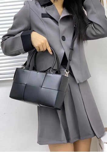 Mia Woven Leather 6 Squares Mini Tote Black