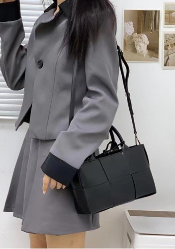Mia Woven Leather 6 Squares Mini Tote Black