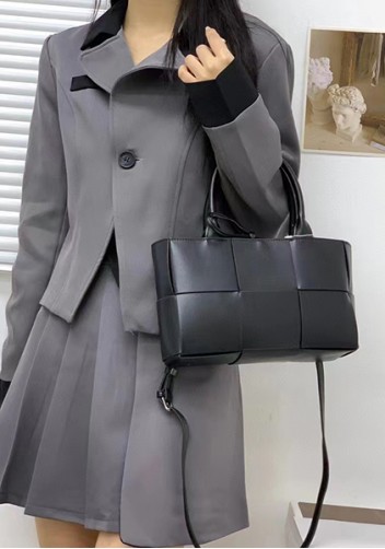 Mia Woven Leather 6 Squares Mini Tote Black