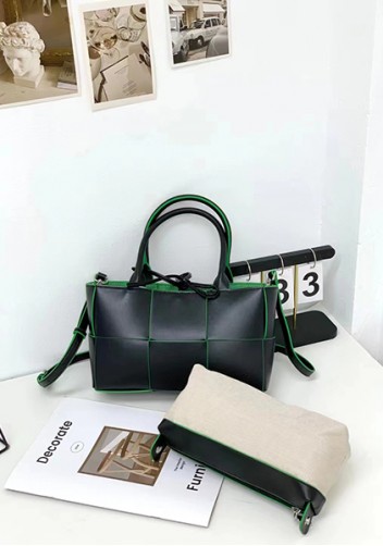 Mia Woven Leather 6 Squares Mini Tote Black Green