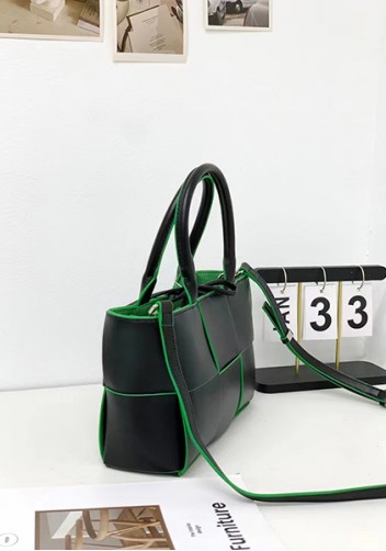 Mia Woven Leather 6 Squares Mini Tote Black Green