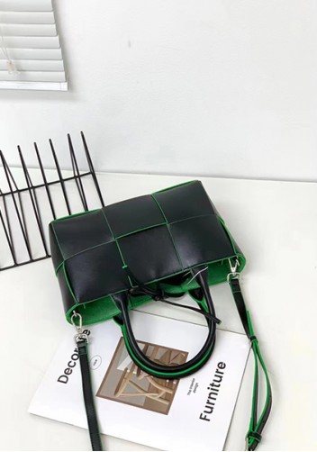 Mia Woven Leather 6 Squares Mini Tote Black Green