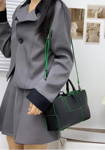 Mia Woven Leather 6 Squares Mini Tote Black Green
