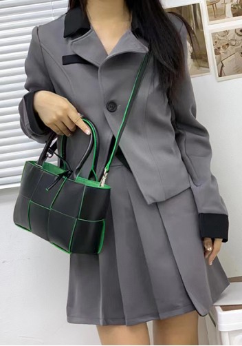 Mia Woven Leather 6 Squares Mini Tote Black Green
