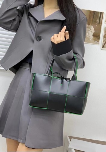 Mia Woven Leather 6 Squares Mini Tote Black Green