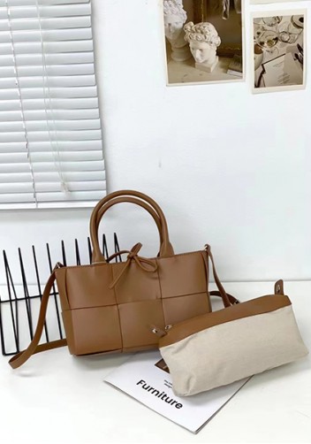Mia Woven Leather 6 Squares Mini Tote Camel