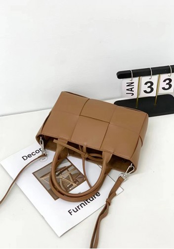 Mia Woven Leather 6 Squares Mini Tote Camel