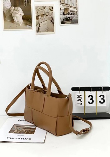 Mia Woven Leather 6 Squares Mini Tote Camel