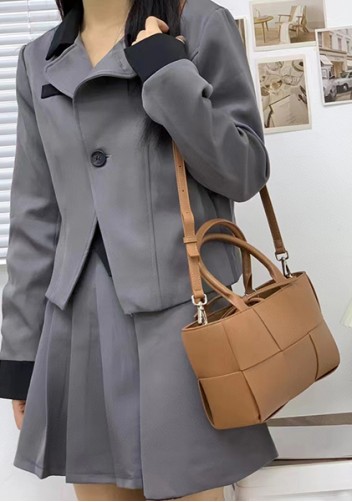 Mia Woven Leather 6 Squares Mini Tote Camel