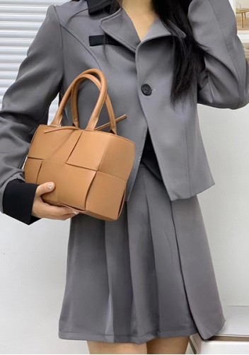 Mia Woven Leather 6 Squares Mini Tote Camel