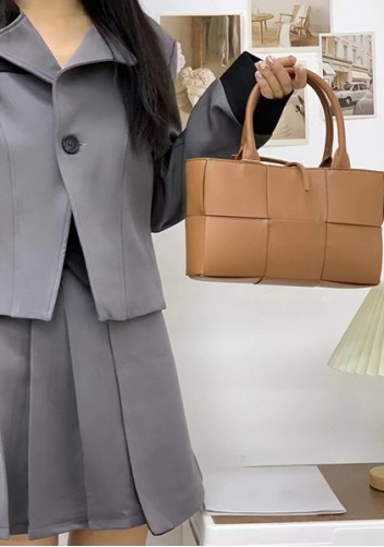 Mia Woven Leather 6 Squares Mini Tote Camel