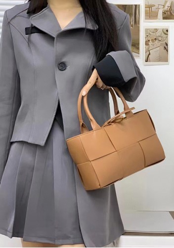 Mia Woven Leather 6 Squares Mini Tote Camel