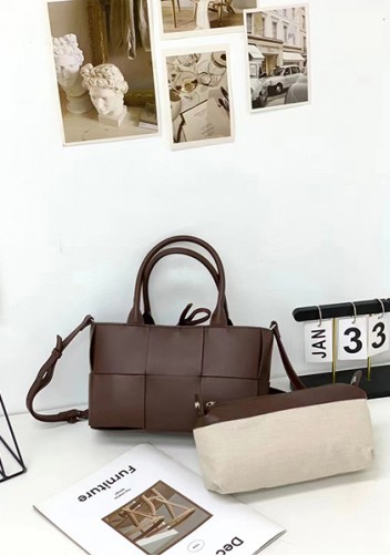 Mia Woven Leather 6 Squares Mini Tote Choco