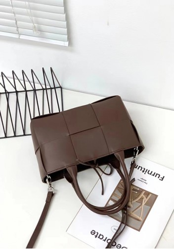 Mia Woven Leather 6 Squares Mini Tote Choco
