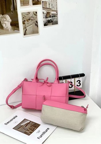 Mia Woven Leather 6 Squares Mini Tote Pink
