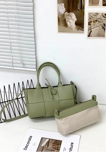 Mia Woven Leather 6 Squares Mini Tote Stone Green