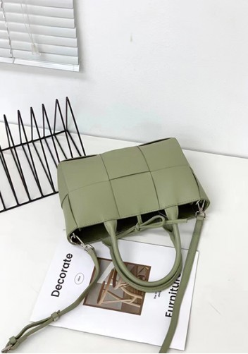 Mia Woven Leather 6 Squares Mini Tote Stone Green
