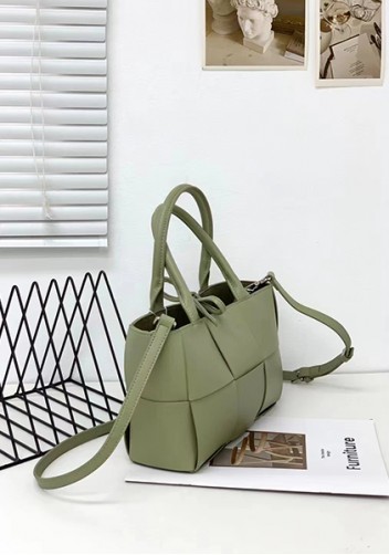 Mia Woven Leather 6 Squares Mini Tote Stone Green