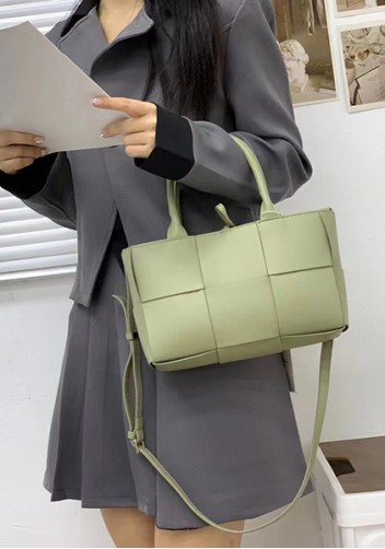 Mia Woven Leather 6 Squares Mini Tote Stone Green