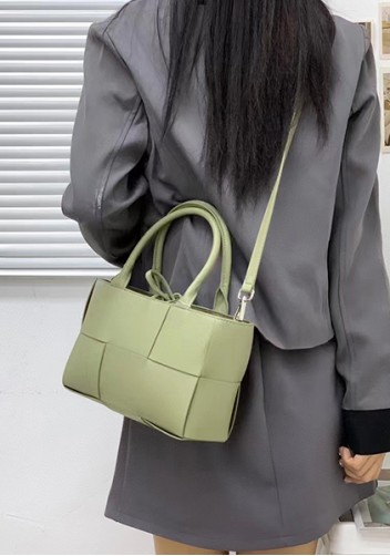 Mia Woven Leather 6 Squares Mini Tote Stone Green