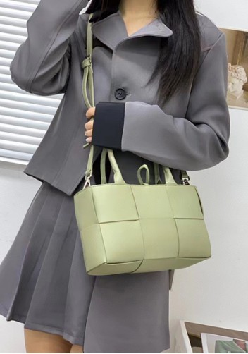 Mia Woven Leather 6 Squares Mini Tote Stone Green