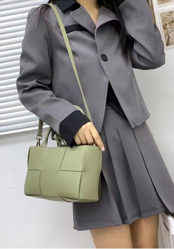 Mia Woven Leather 6 Squares Mini Tote Stone Green