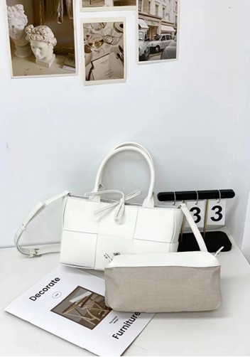 Mia Woven Leather 6 Squares Mini Tote White