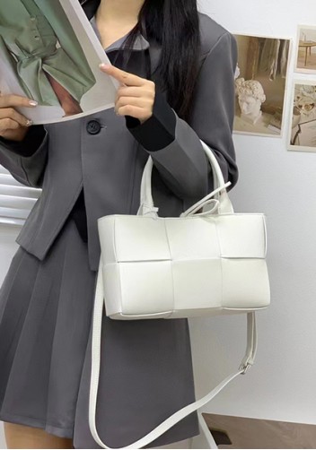 Mia Woven Leather 6 Squares Mini Tote White