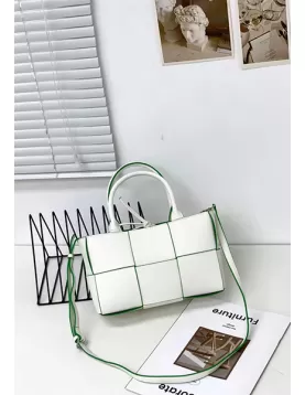 Mia Woven Leather 6 Squares Mini Tote White Green
