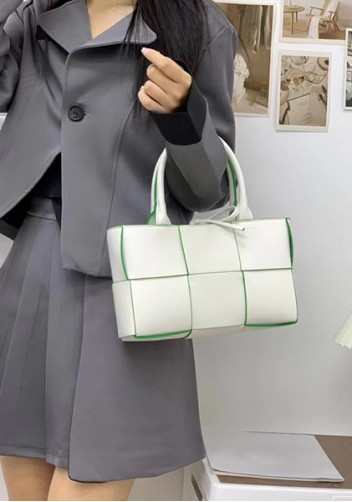 Mia Woven Leather 6 Squares Mini Tote White Green