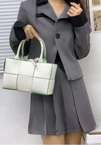 Mia Woven Leather 6 Squares Mini Tote White Green