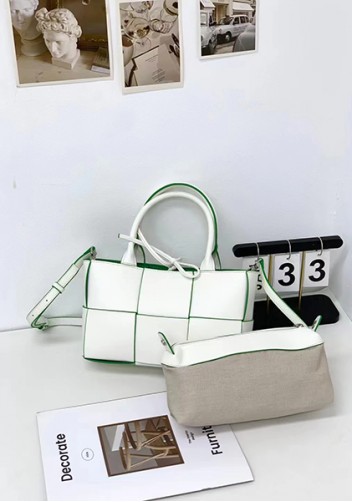 Mia Woven Leather 6 Squares Mini Tote White Green