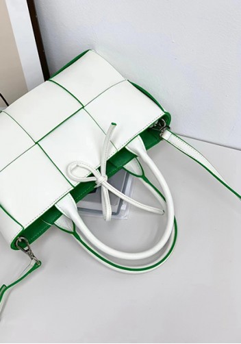 Mia Woven Leather 6 Squares Mini Tote White Green