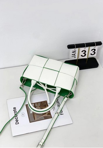 Mia Woven Leather 6 Squares Mini Tote White Green